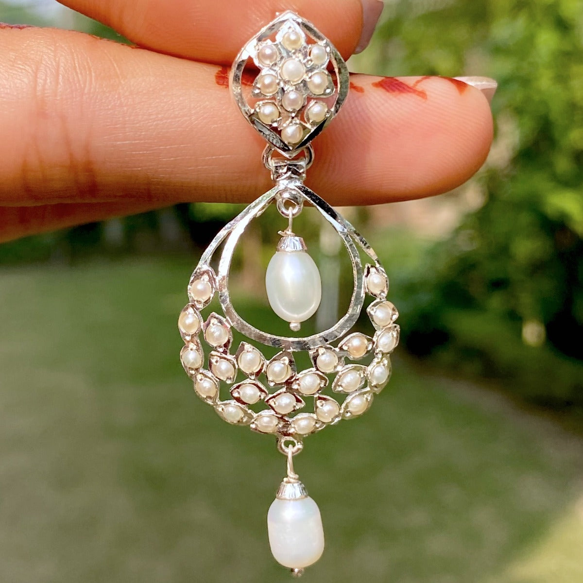 white earrings with silver and pearls