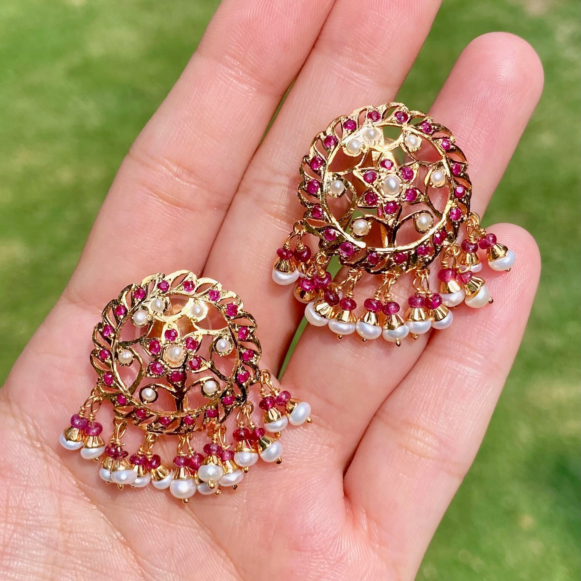 Broad Jadau Necklace | Stud Earrings | Ruby Pearl Combination | Gold Plated NS 465