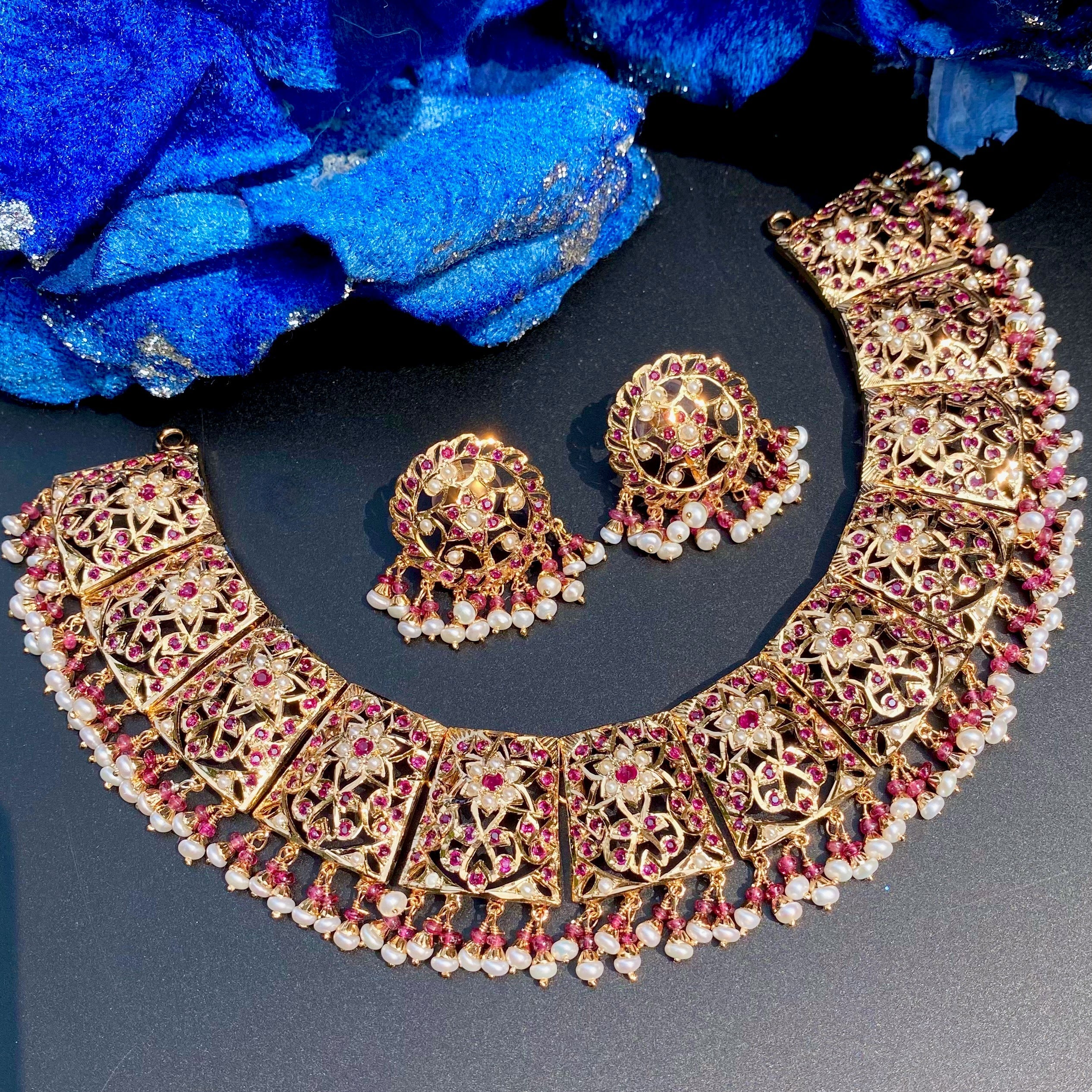 Broad Jadau Necklace | Stud Earrings | Ruby Pearl Combination | Gold Plated NS 465