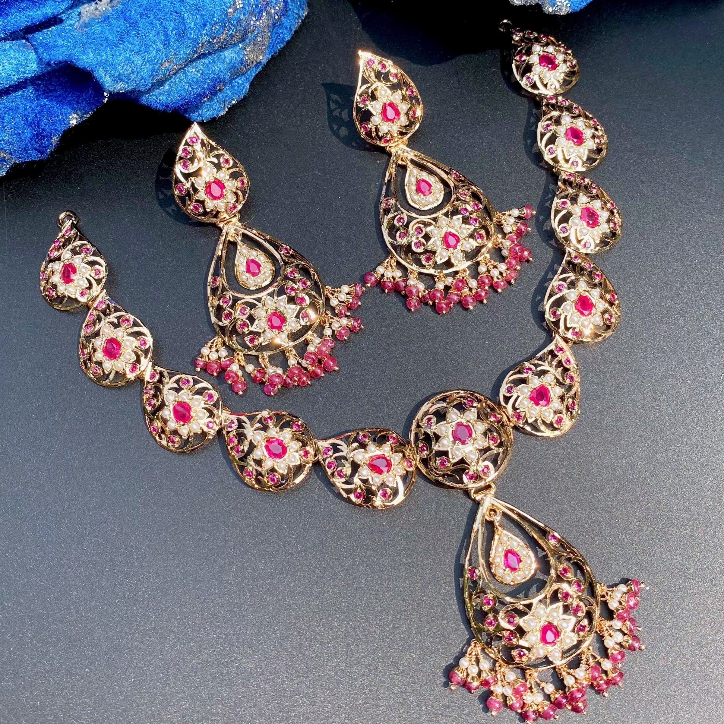 Antique Ruby Red Necklace Set | Gold Plated Silver Jewelry | Real Gold Like Finish NS 114