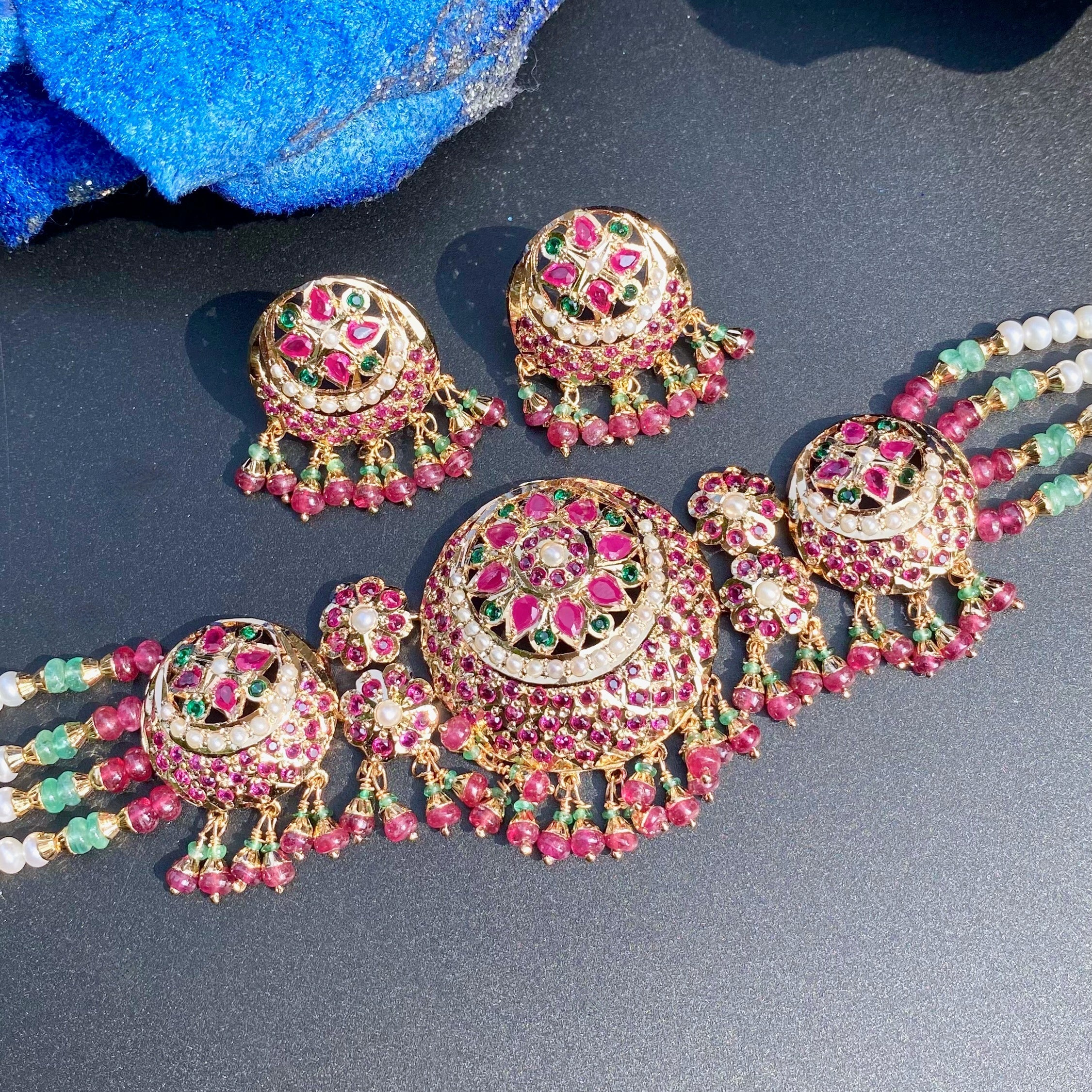 Multicoloured Jadau Choker Set | Ruby Emerald Pearl Set NS 476