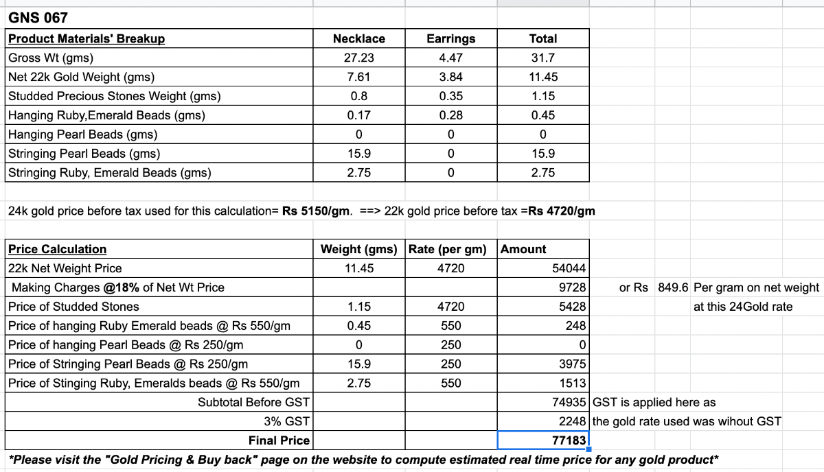 22K सोने में नाजुक हार सेट GNS 069