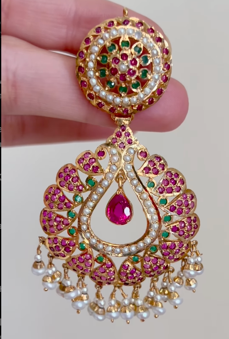 Ruby Emerald Pearl Chandbali | Gold Plated Silver | ER 777X