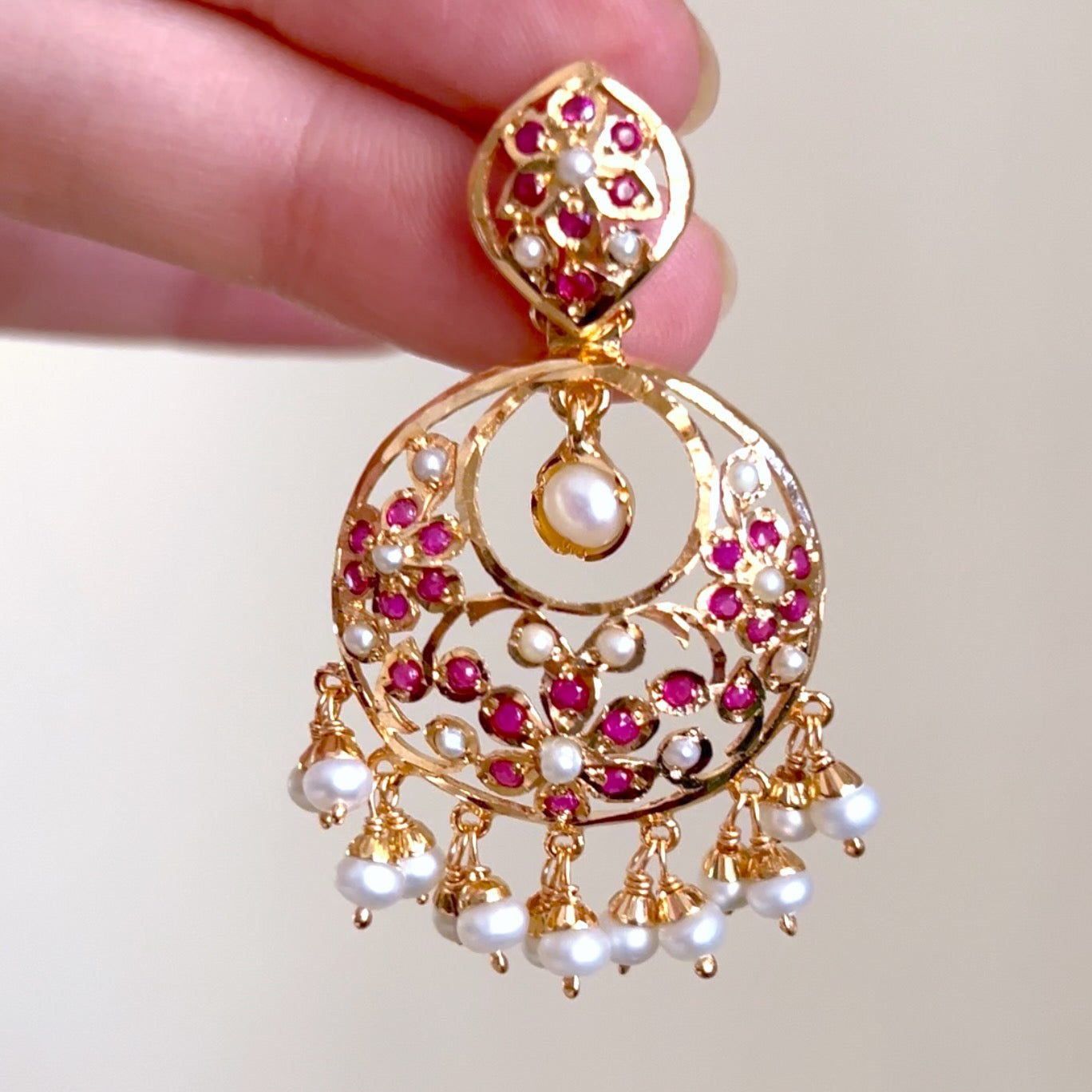 Delicate & Simple Ruby Pearl Chandbali Earrings | Dainty Aintique Indian Earrings | Gold Plated Silver ER 646