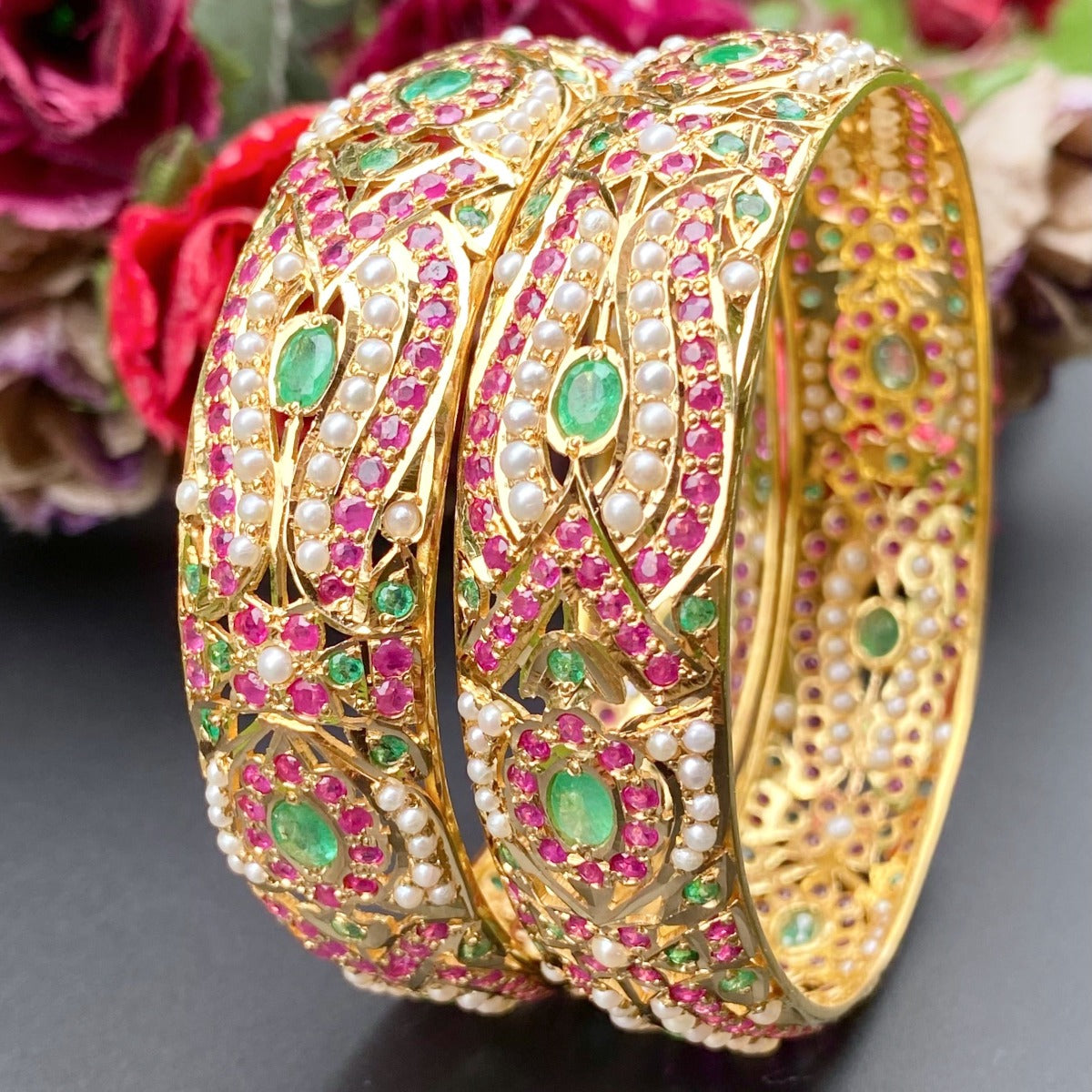 22k gold bangles with rubies and emeralds and pearls