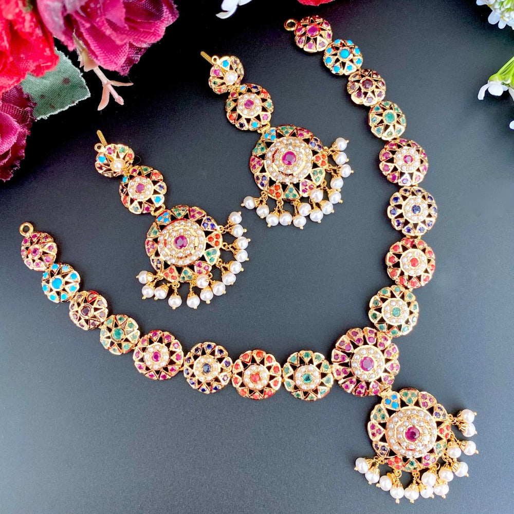 party wear indian navratna necklace set in 22 carat gold