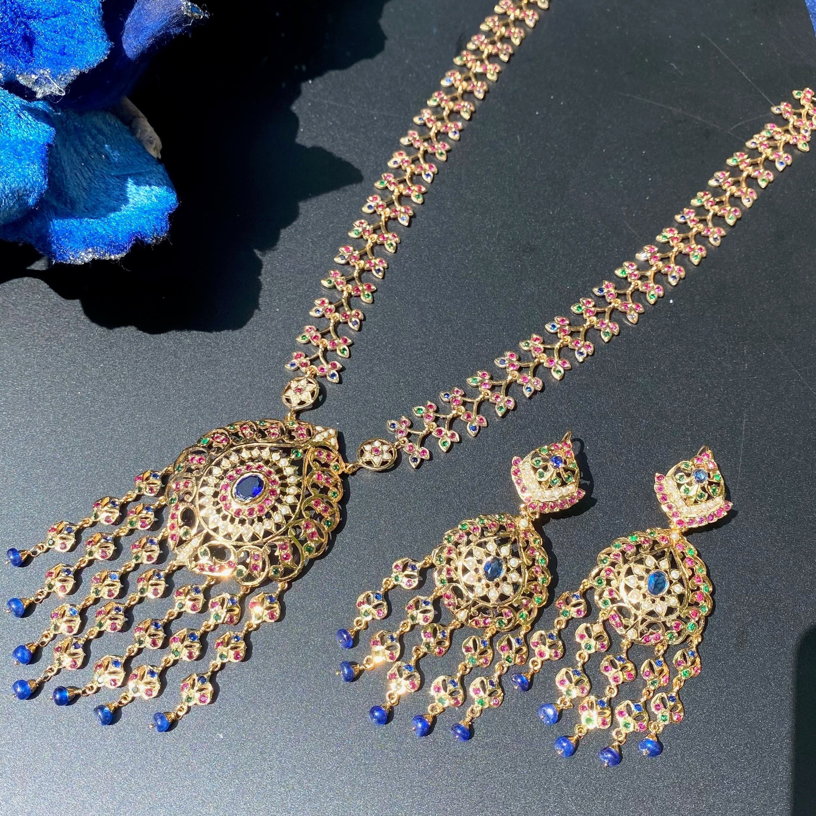 indian gold plated necklace set on pure silver with stones