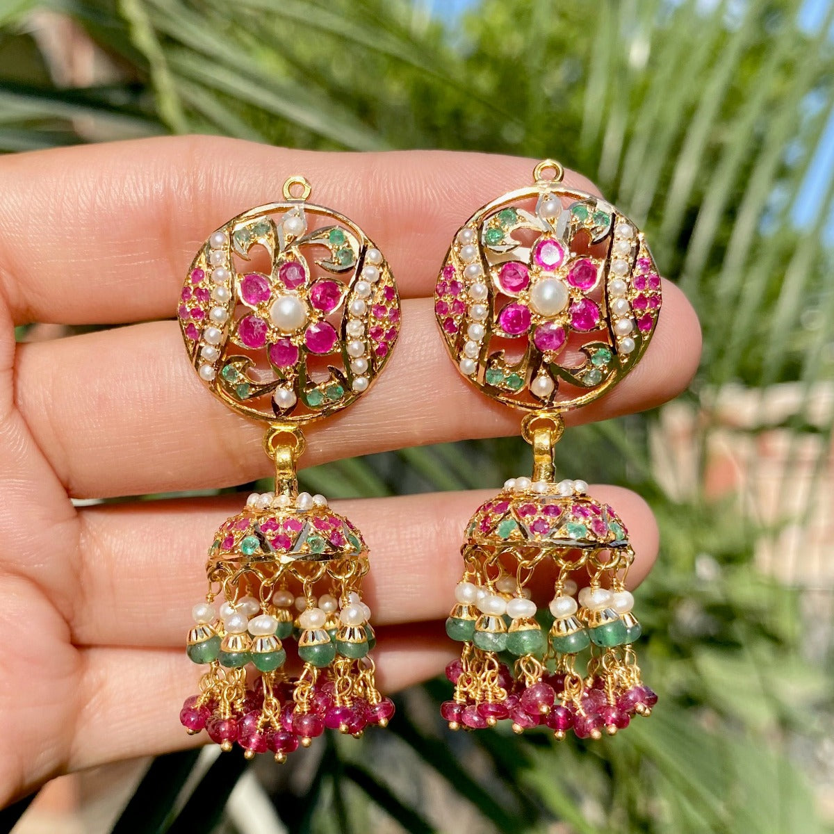 indian gold jhumka ruby emerald