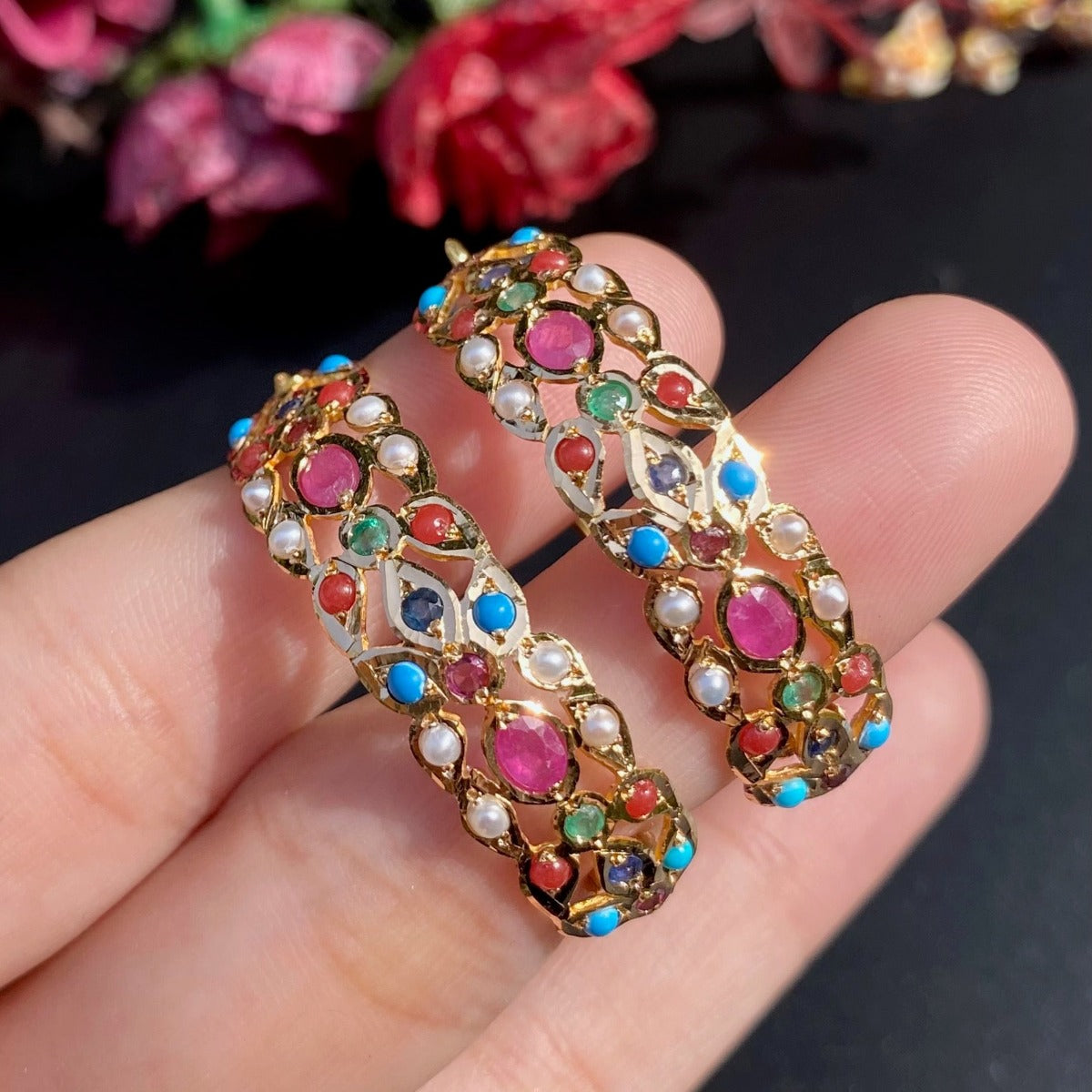 dainty rajasthani navratna hoop earrings in 22k gold under 10 tolas