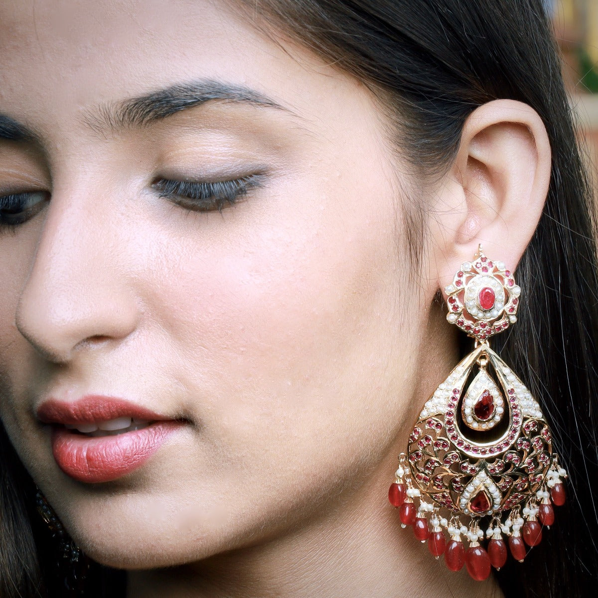 Long Drop Shaped Chandbali Earrings | Big Indian Earrings | Punjabi Jadau on Gold Plated Silver ER 019