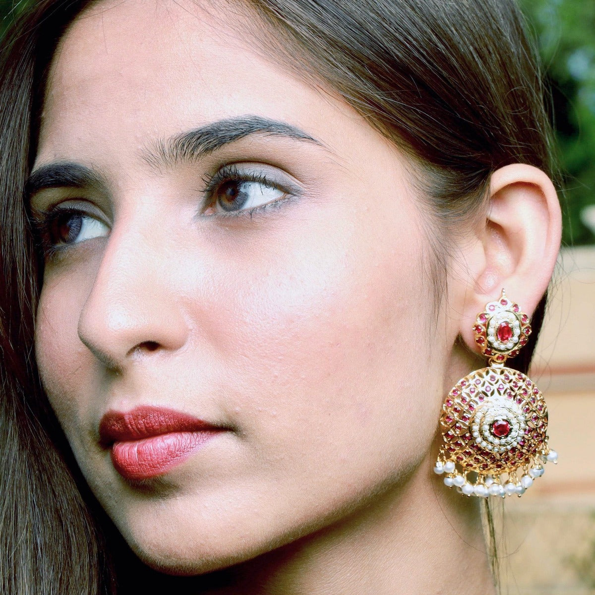 Round Jadau Earrings | Red and White Jadau Danglers ER 027