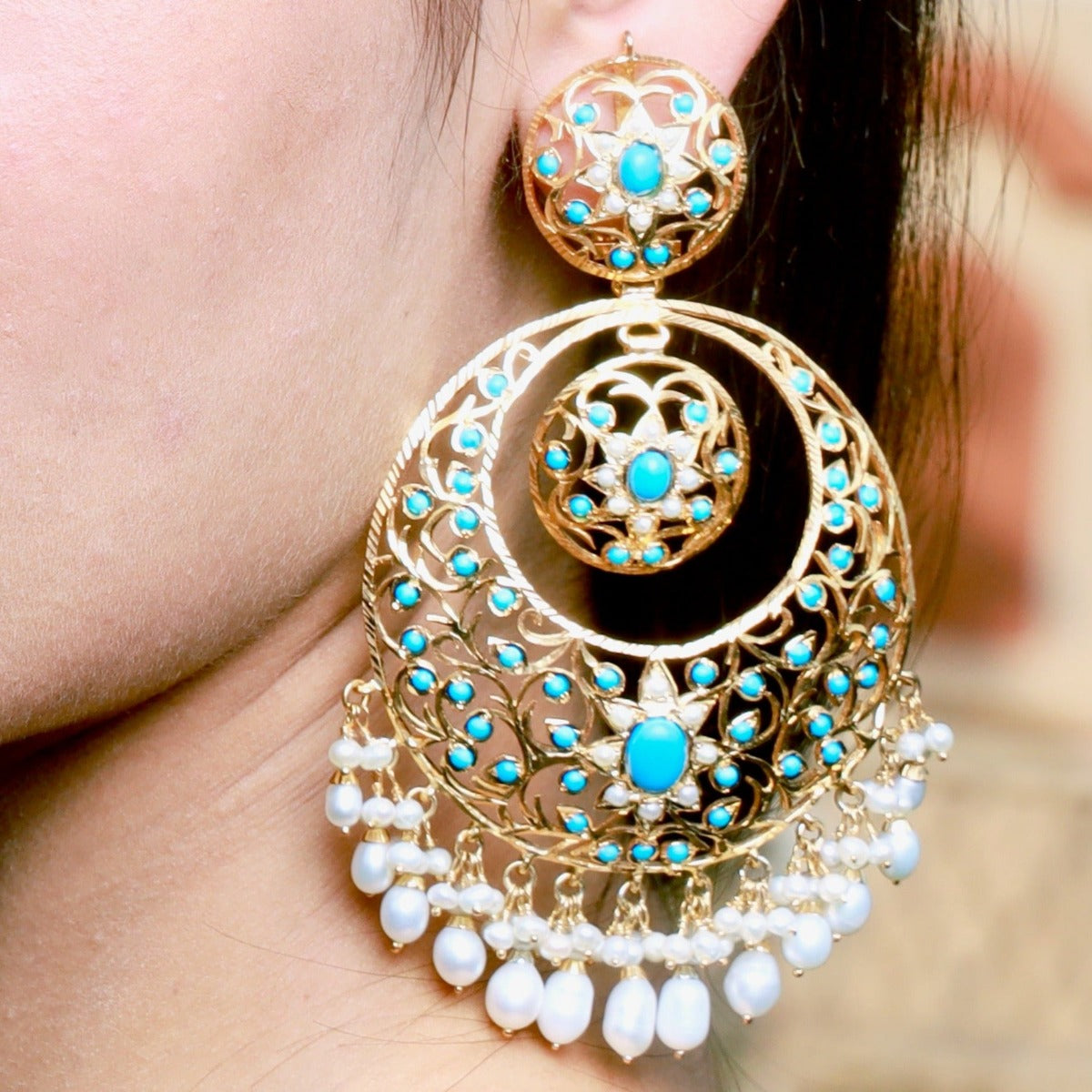 large antique chandbali earrings made on sterling silver with gold plating