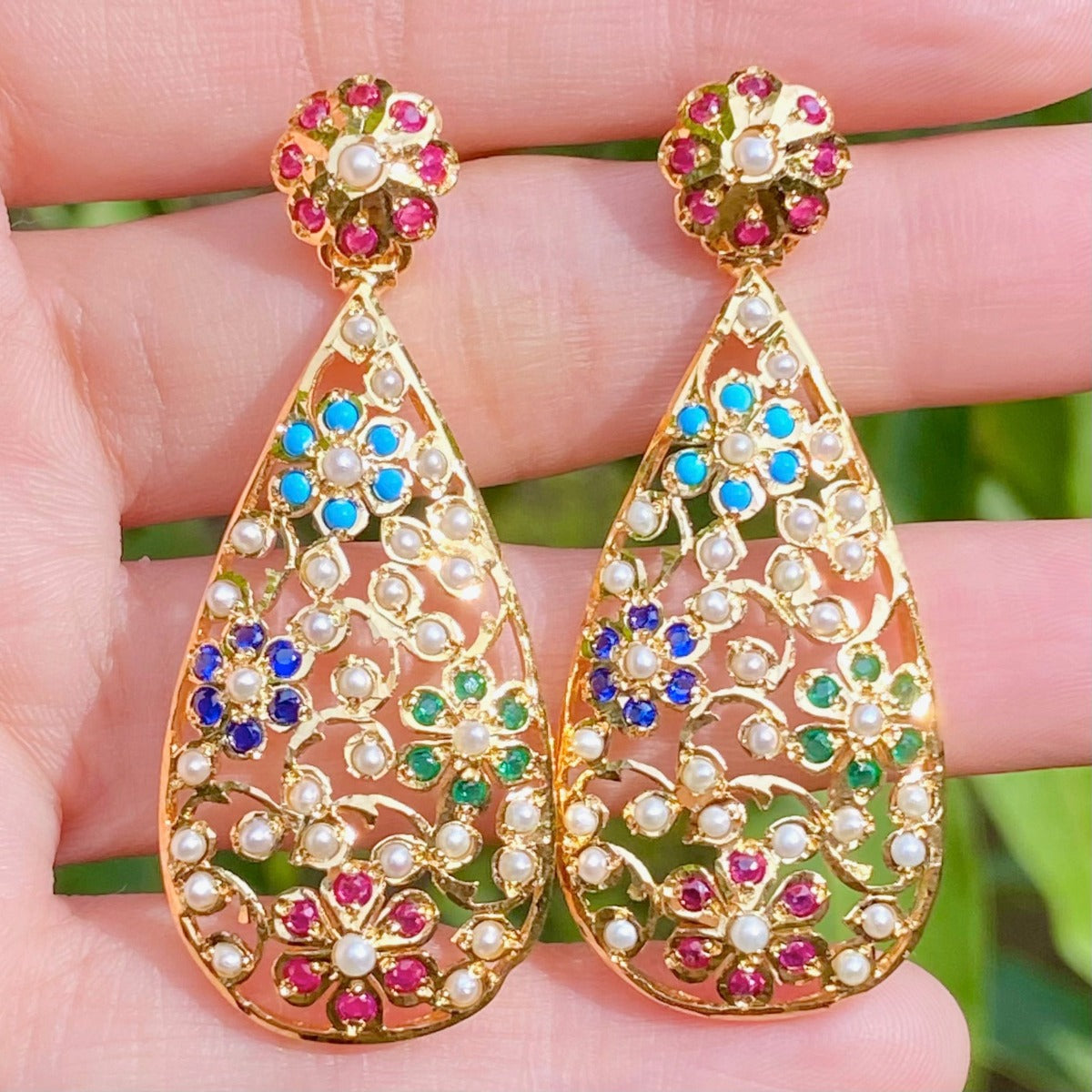 long navratna gold polished earrings on silver