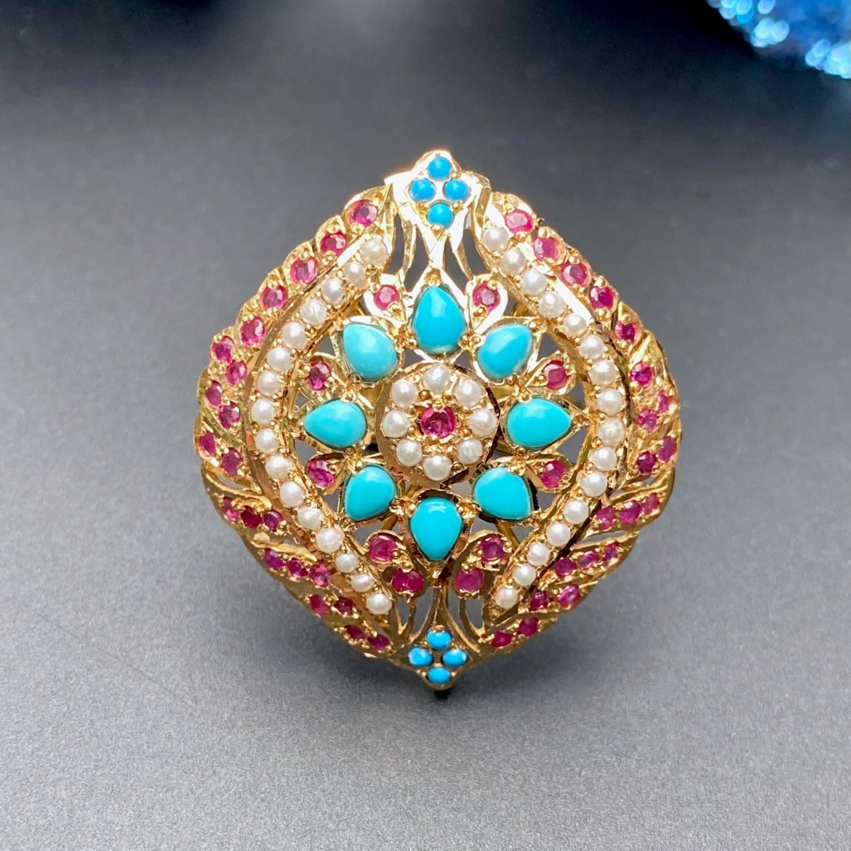 traditional indian gold cocktail ring ruby turquoise