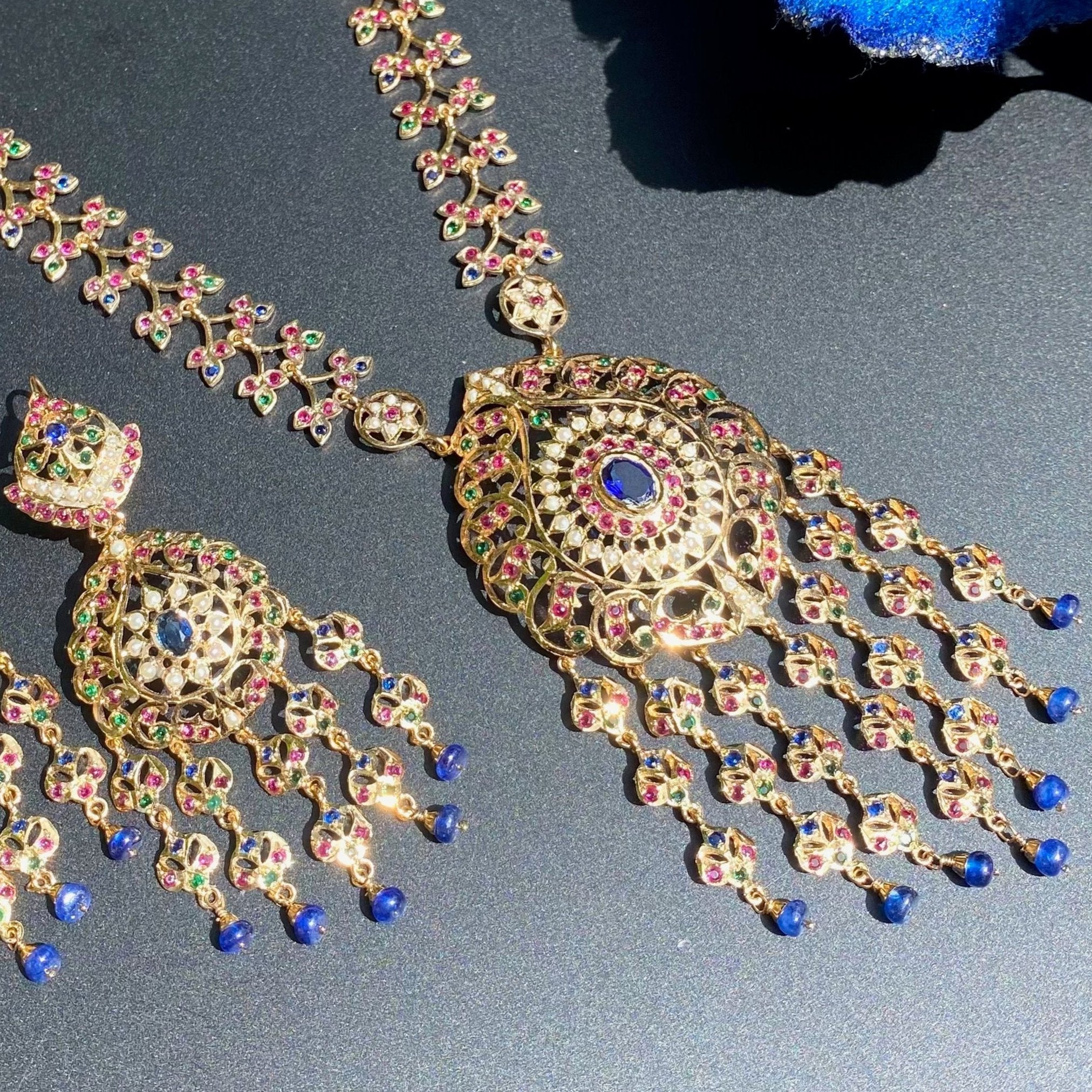 arabic style indian long necklace on silver with gold plating