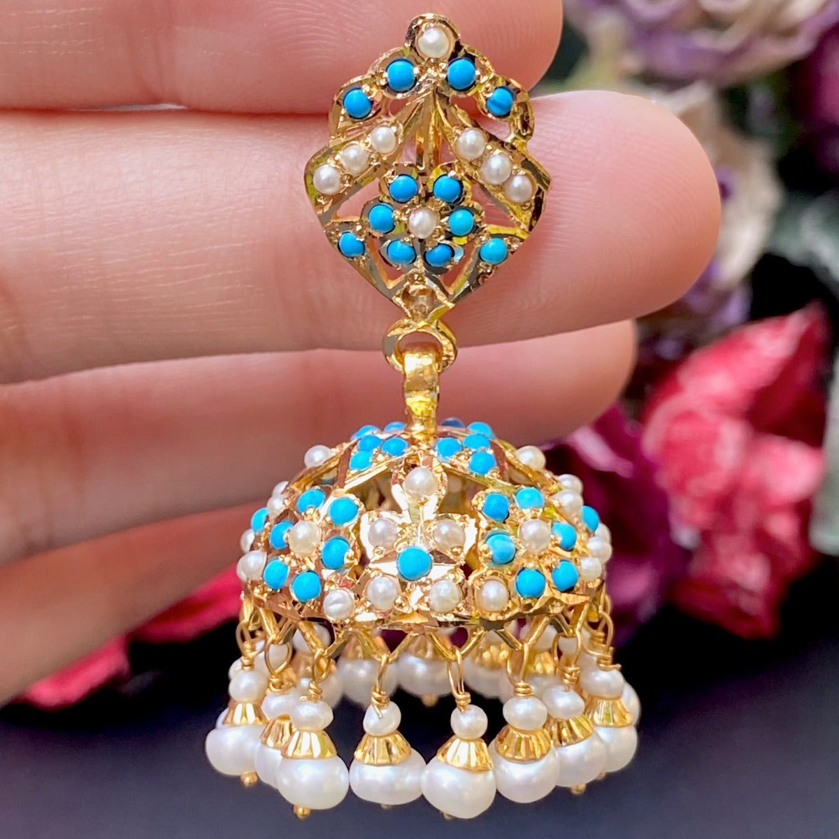 22k gold jhumka studded with pearls and feroza