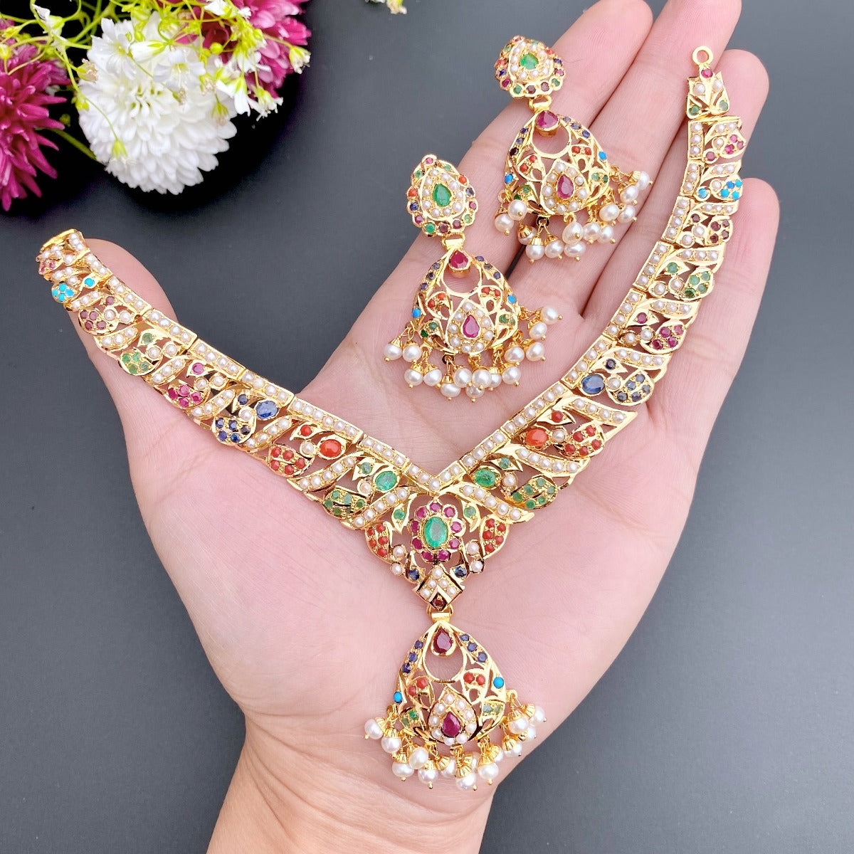 gold necklace set in nauratan colors indian jadau jewellery 22 karat gold