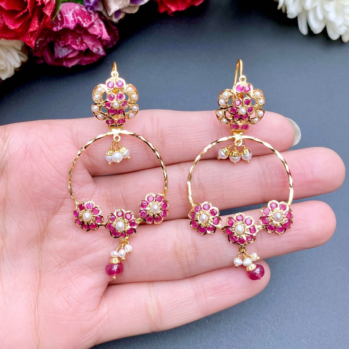 lightweight gold chandbali ruby pearls