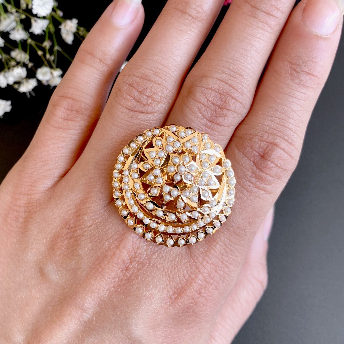 pearl cocktail ring on 22k gold for women