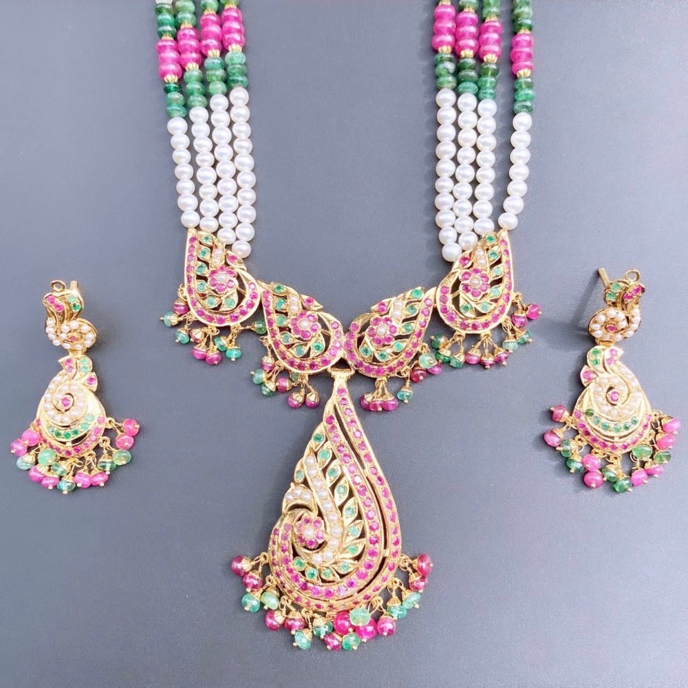 Traditional Hyderabadi Jadau Necklace Set in 22ct Gold GNS 166