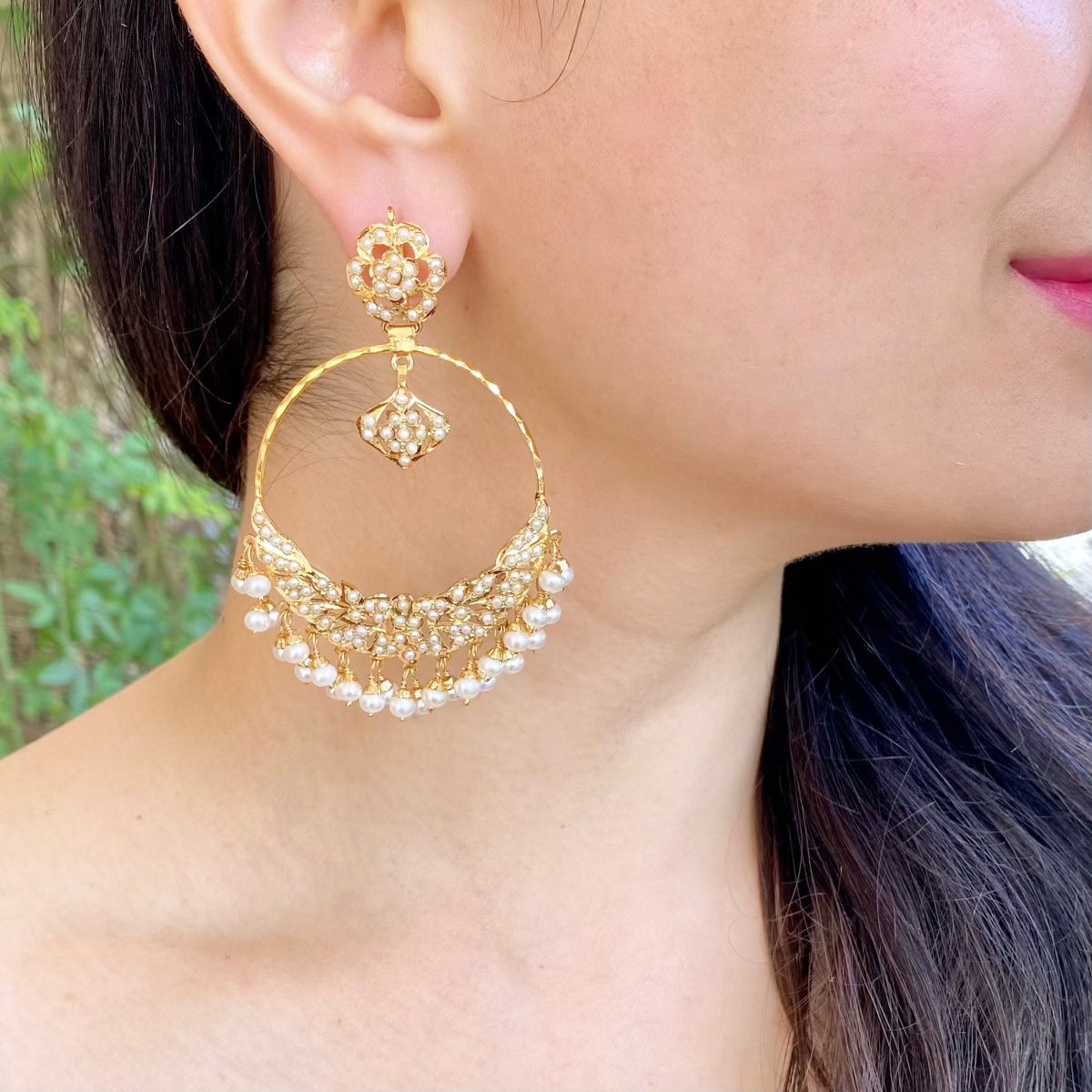 gold plated hoop chandbalis studded with pearls