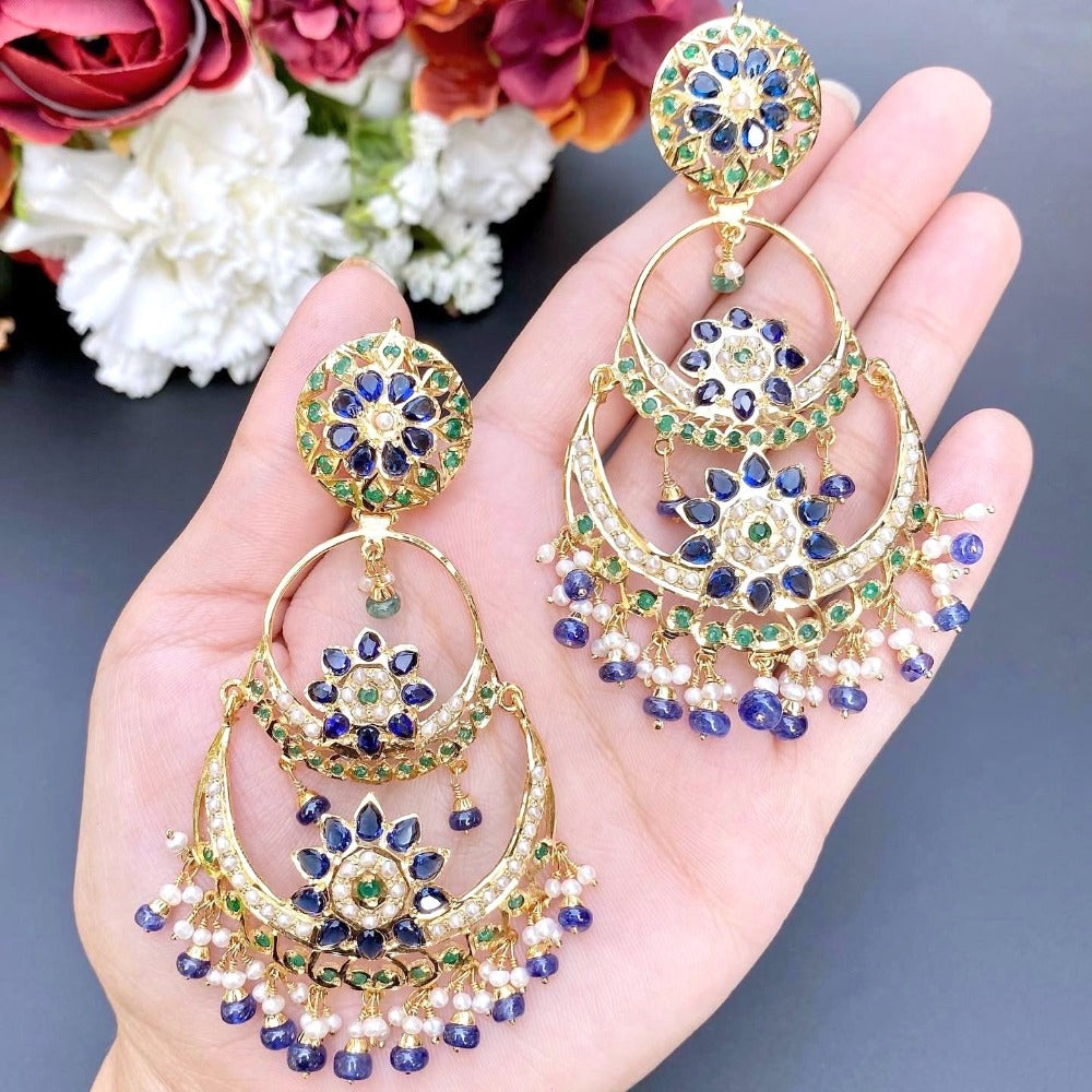 large indian Blue Sapphire chandbali Earrings Online