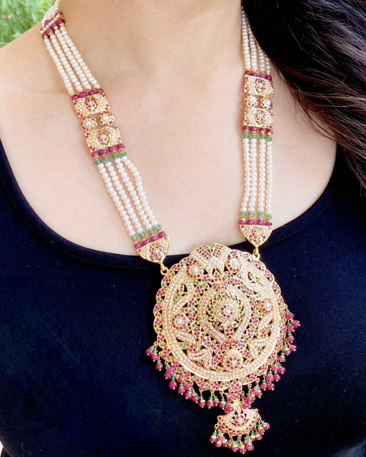 round gold rani haar with precious ruby emeralds