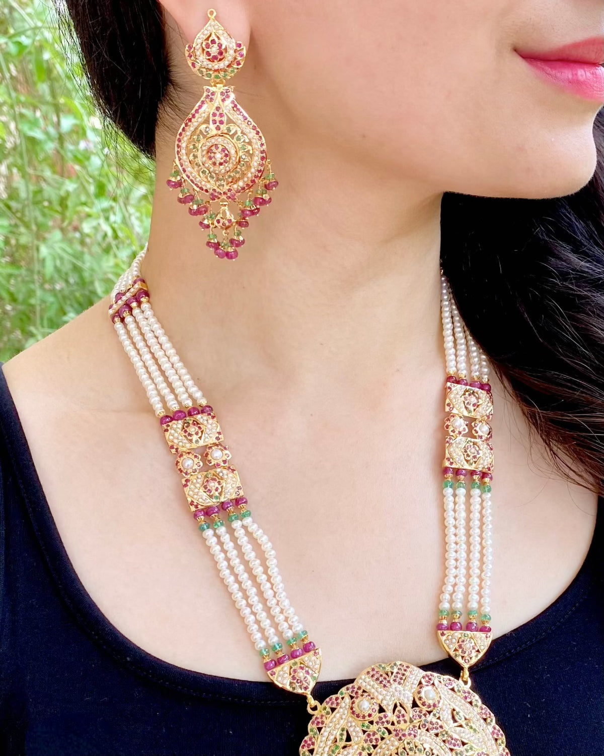 round gold rani haar with precious ruby emeralds