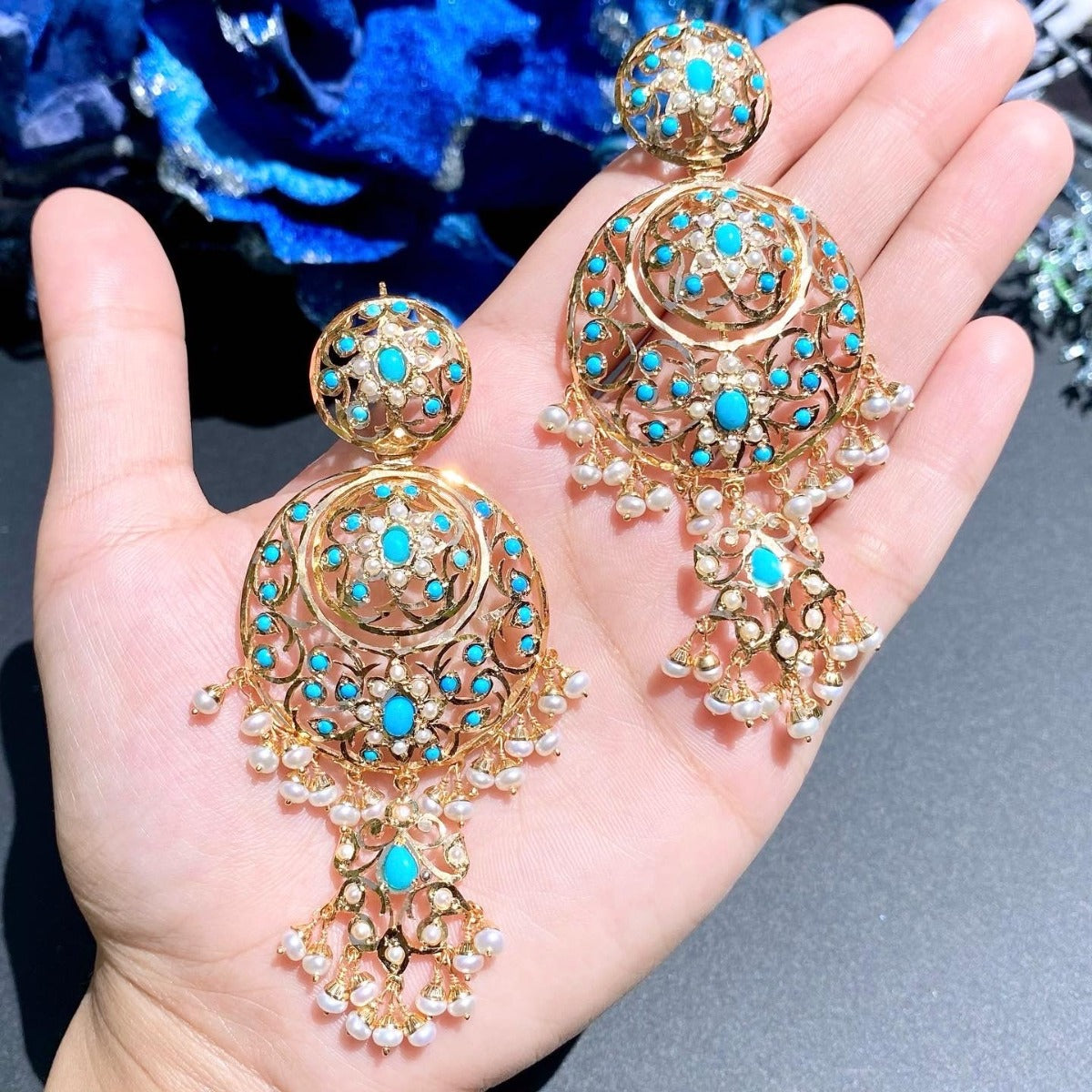 statement indian earrings with pearls and feroza