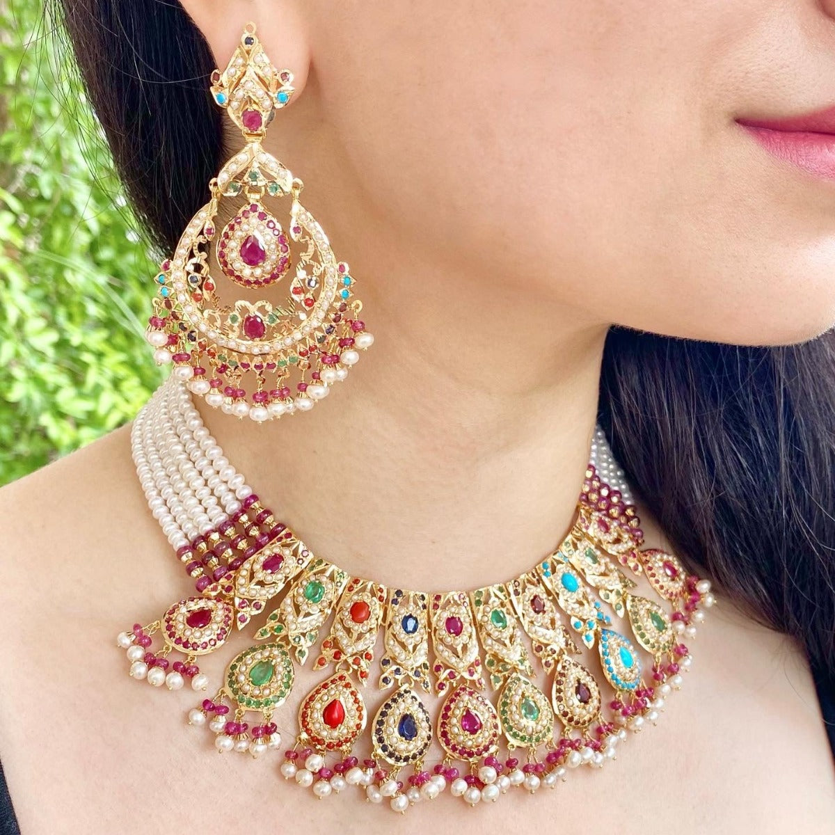 Party-wear Navratana Choker | Chandbali Earrings | 22ct Gold Sets GNS 165