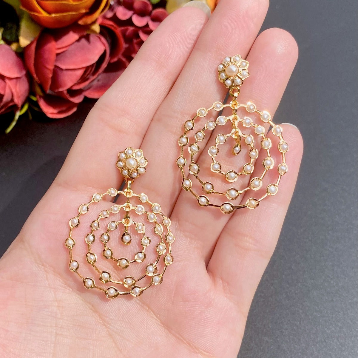 large pearl chandbali earrings on real 22k gold