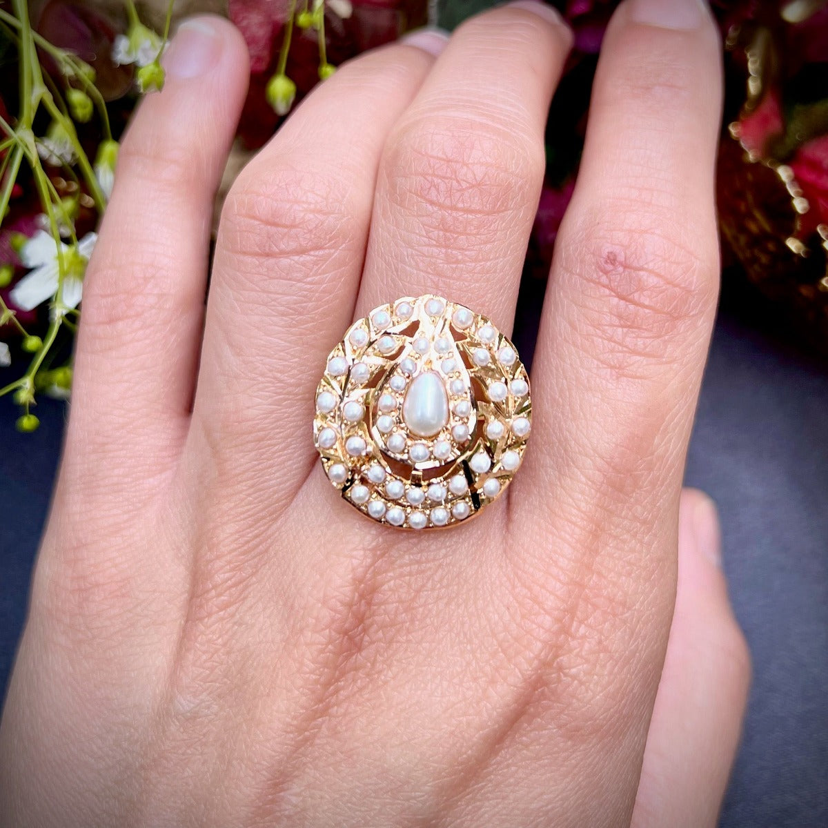 pearl ring on real 22k gold