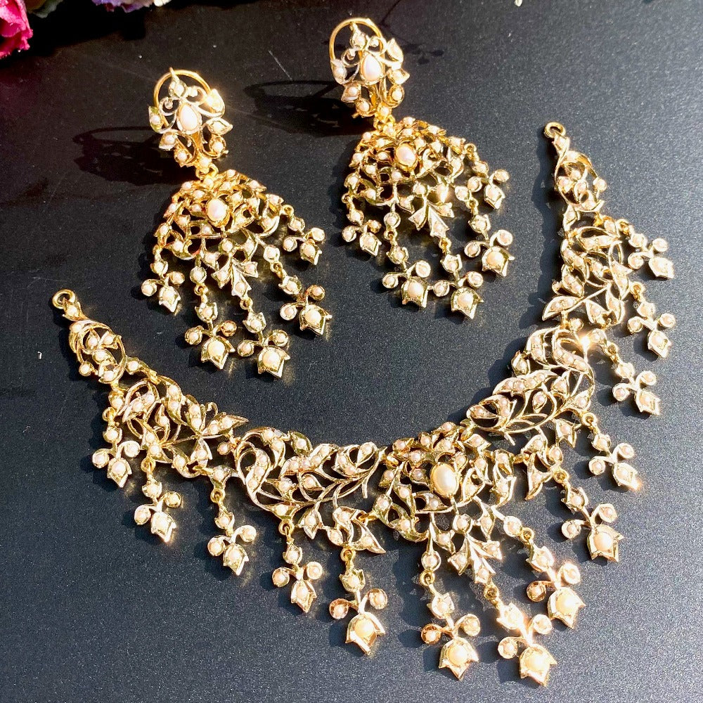 antique pearl necklace set made in 22k gold 7 tola gold set