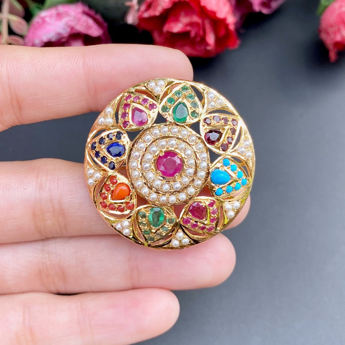 malabar navratna cocktail ring in gold