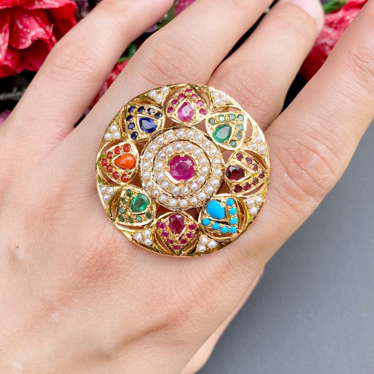 unique navratna cocktail ring 22k hallmarked gold jadau ladies ring