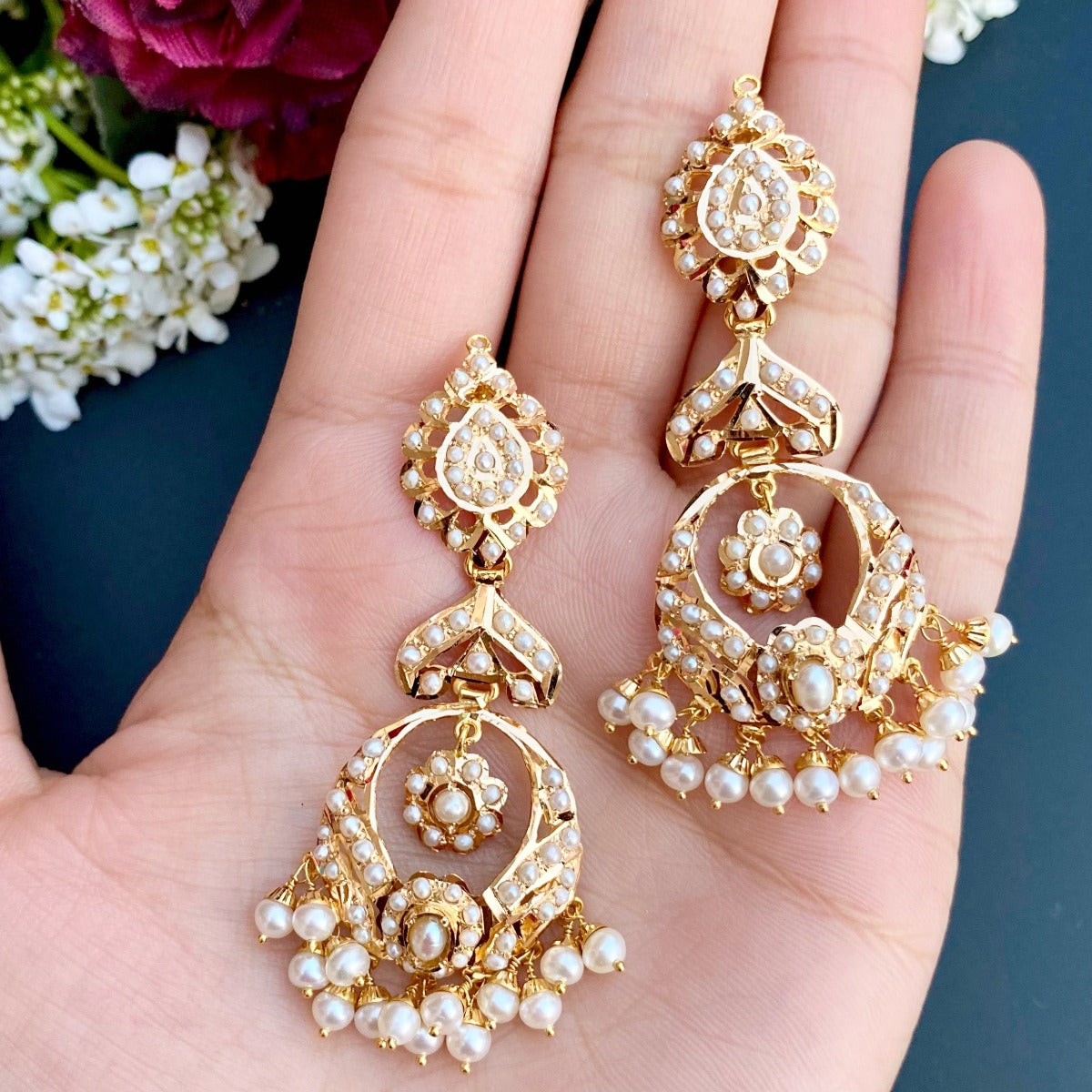 indian pearl necklace set in 22k gold matched with chandbali earrings