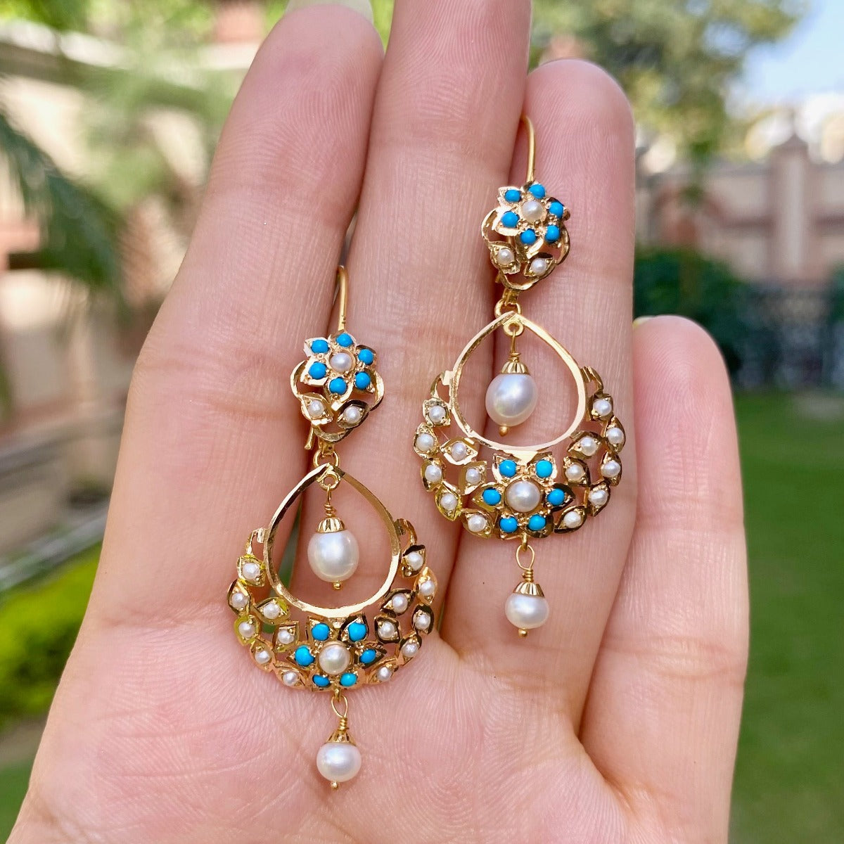 dainty 22k gold chandbalis studded with pearls feroza