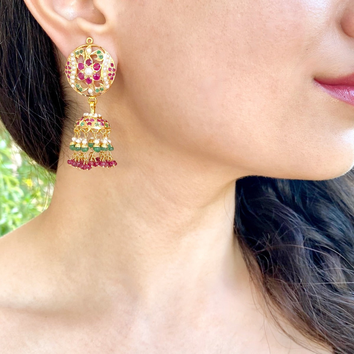 indian gold jhumka ruby emerald