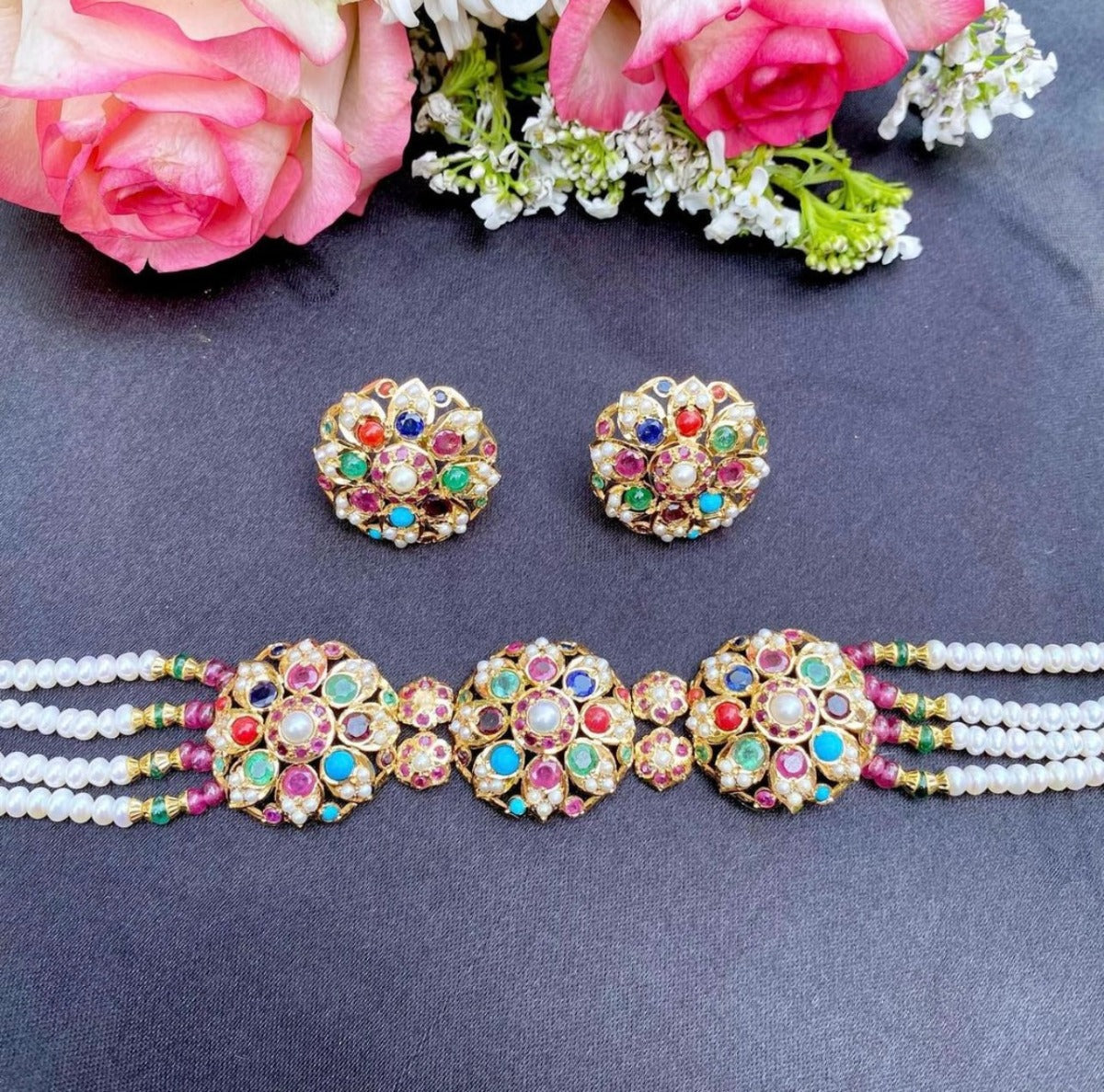 navaratna gold choker set amritsari jadau jewelry