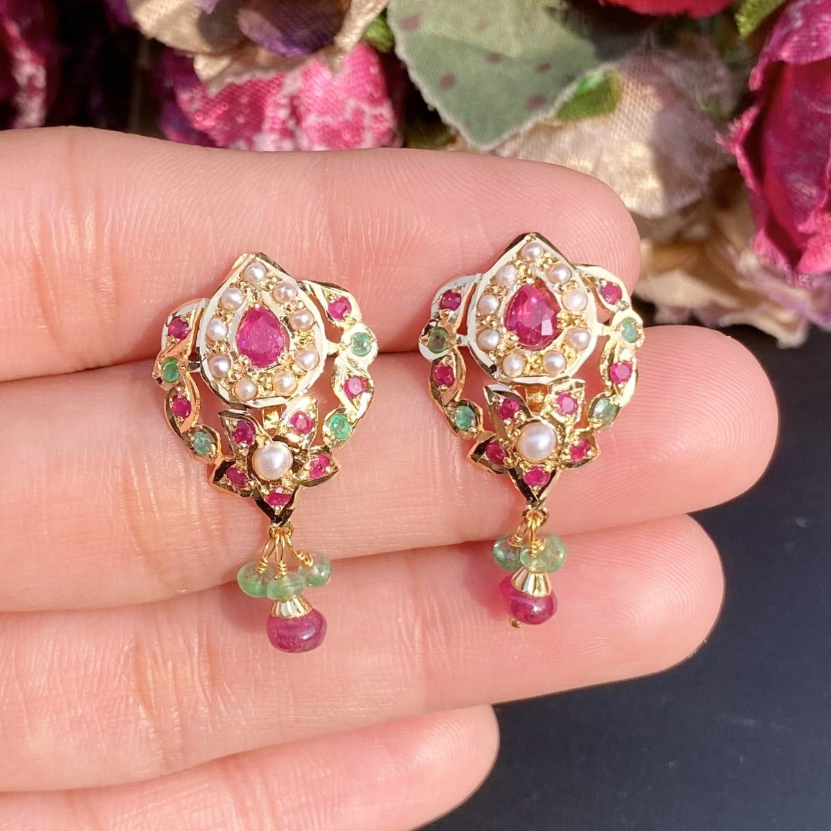 ruby emerald stud earrings gold