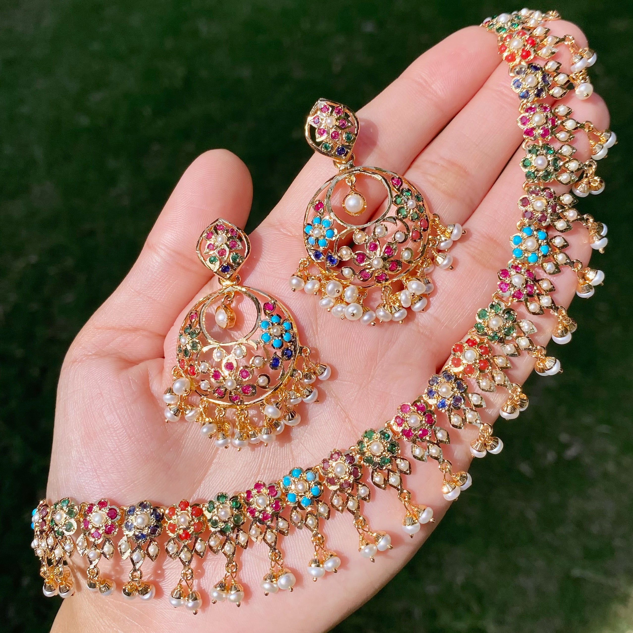 Elegant Navratna Necklace with Chandbali Earrings  | Jadau Jewellery| Traditional Indian Jewellery | NS 490