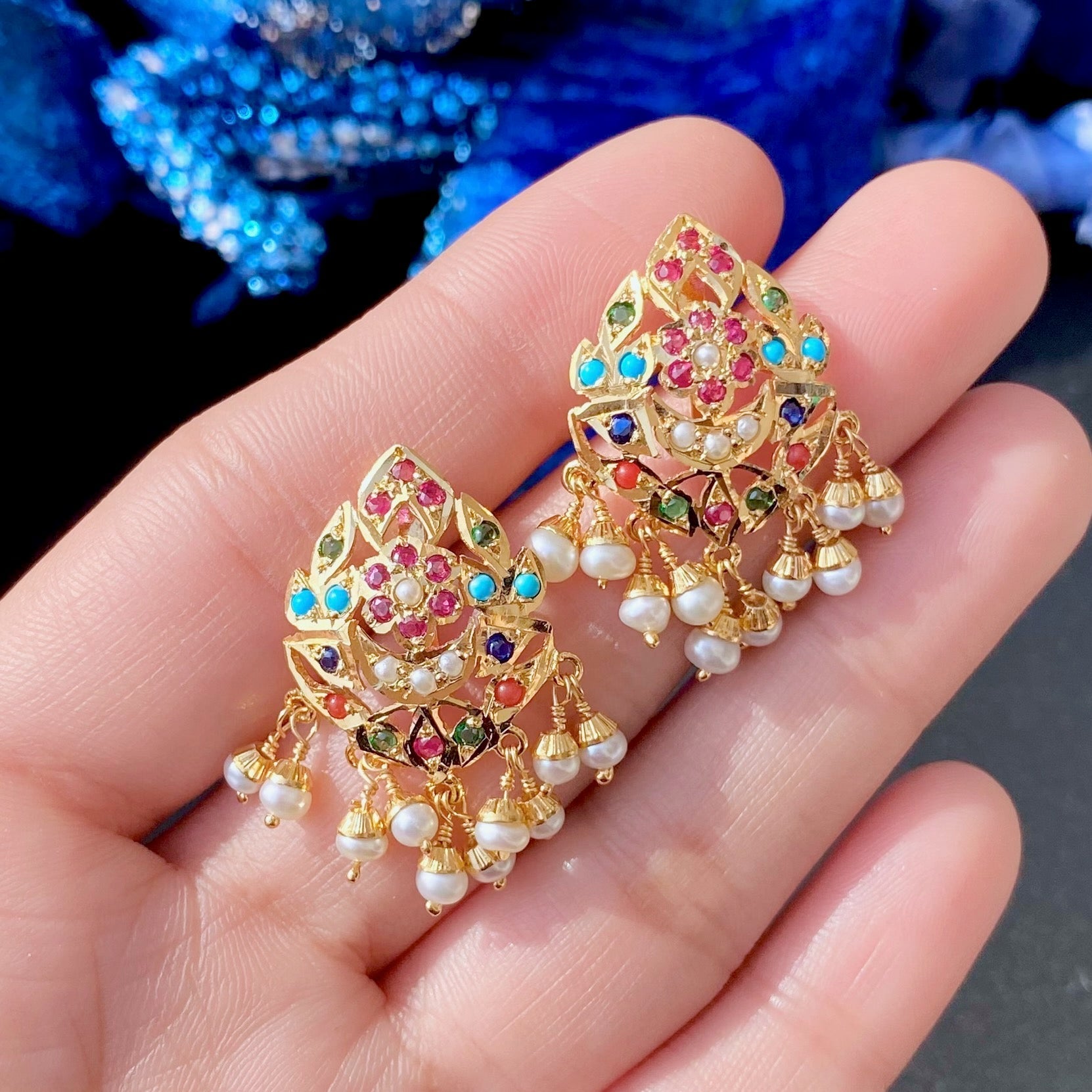 Navaratna Studs with Freshwater Pearls | ER 150E