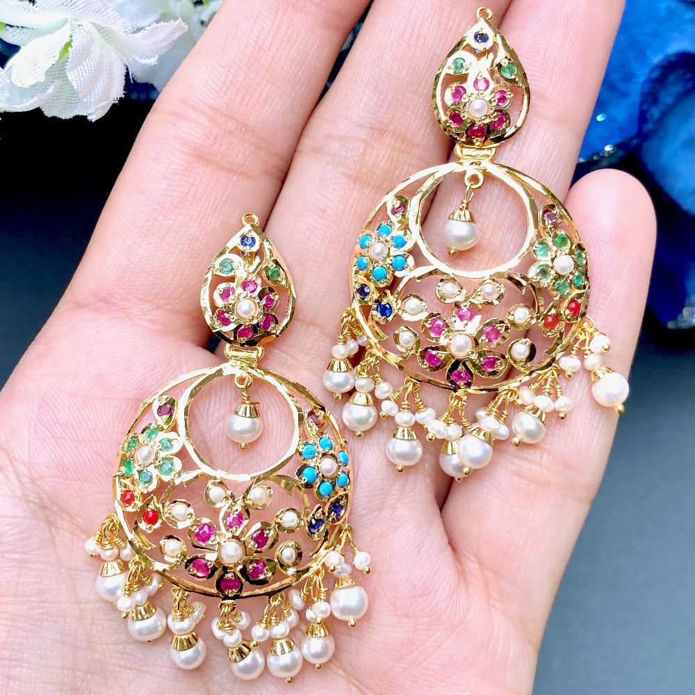 navratna chandbali earrings in gold