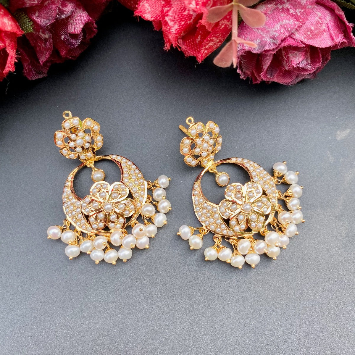 real gold chandbali earrings studded with jadau pearls