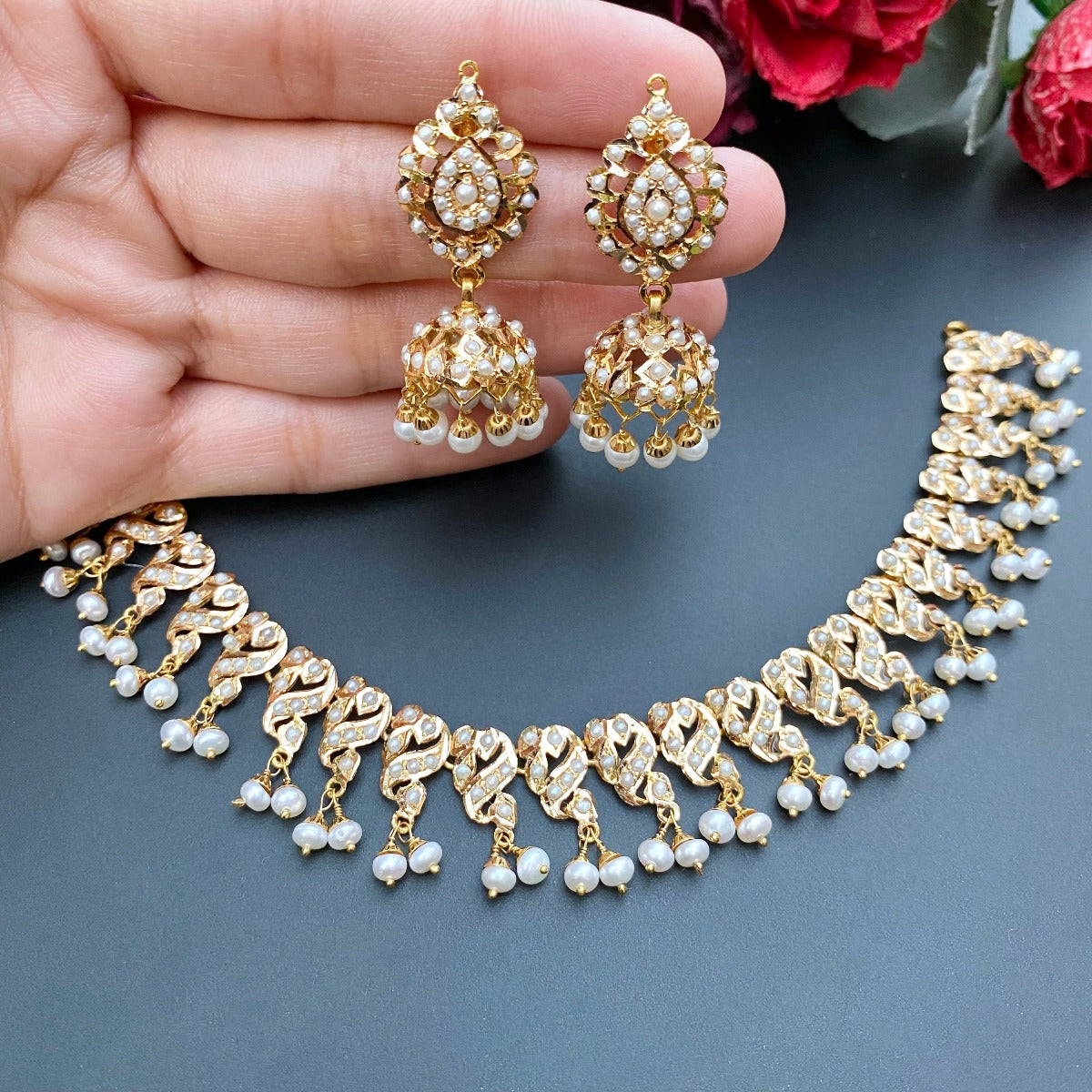 delicate pearl necklace with jhumki 3 tola gold set rudradhan jewellers