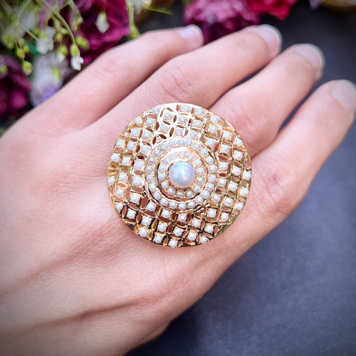 pearl cocktail ring on 22k gold