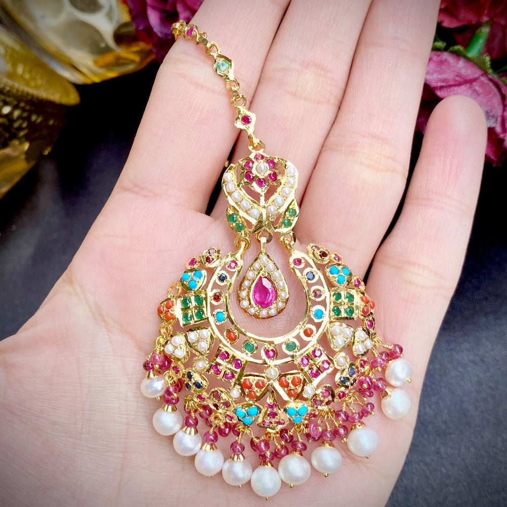 statement gold maang tikka studded with navratna stones, Jadau Maang Tikka in Gold