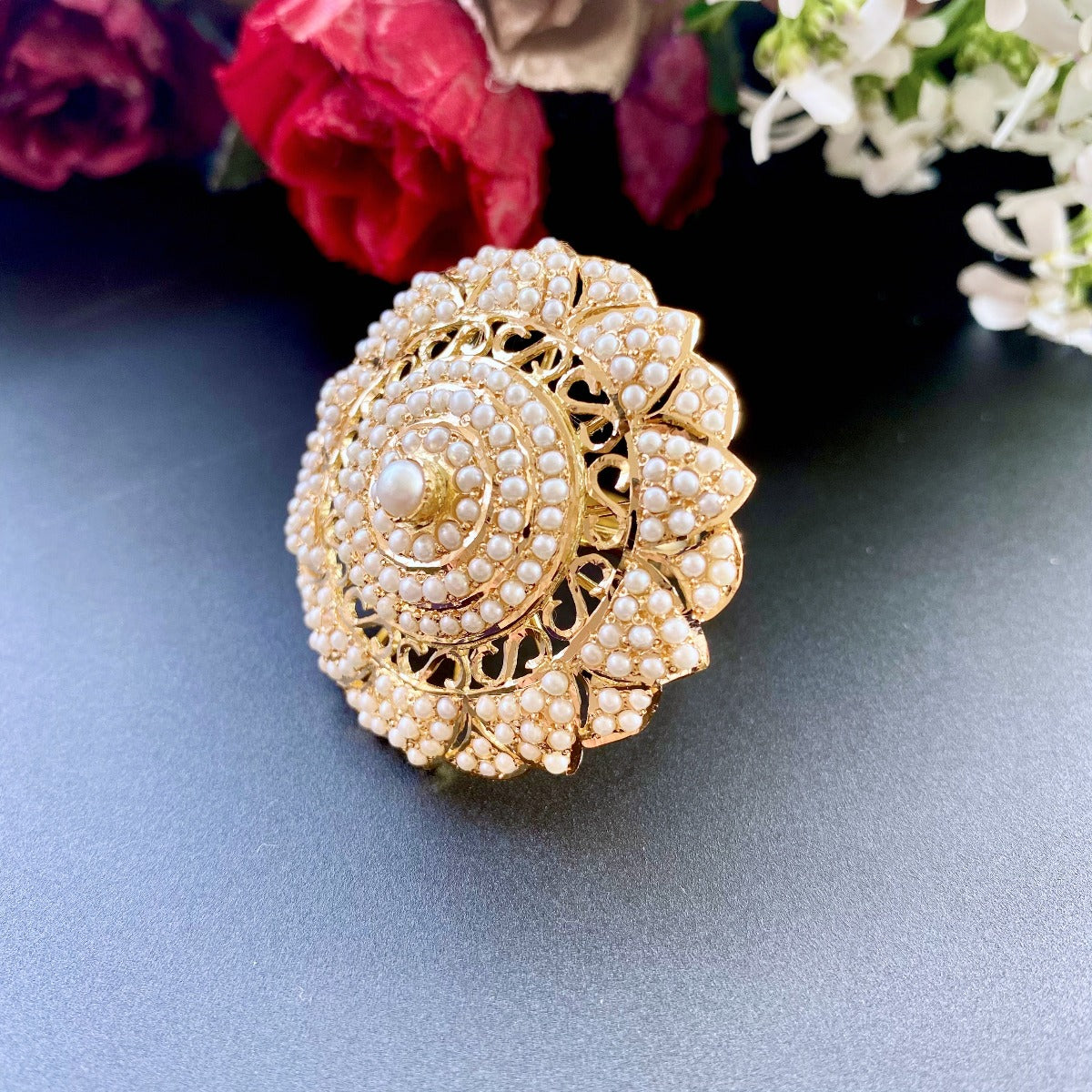 unique pearl cocktail ring on 22 carat gold