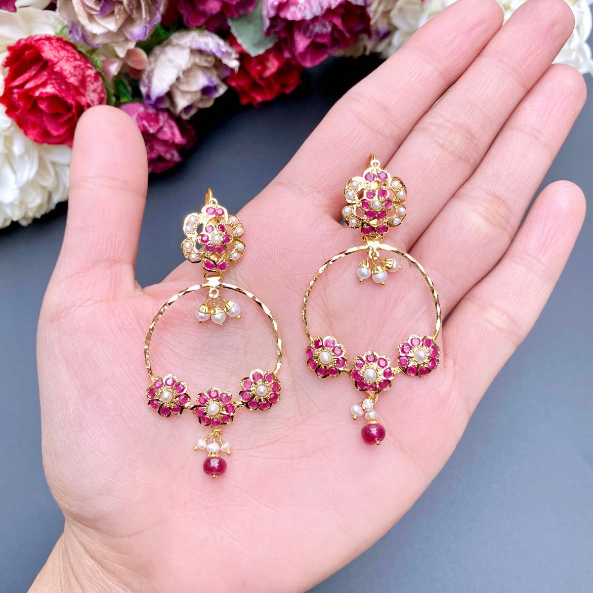 lightweight gold chandbali ruby pearls