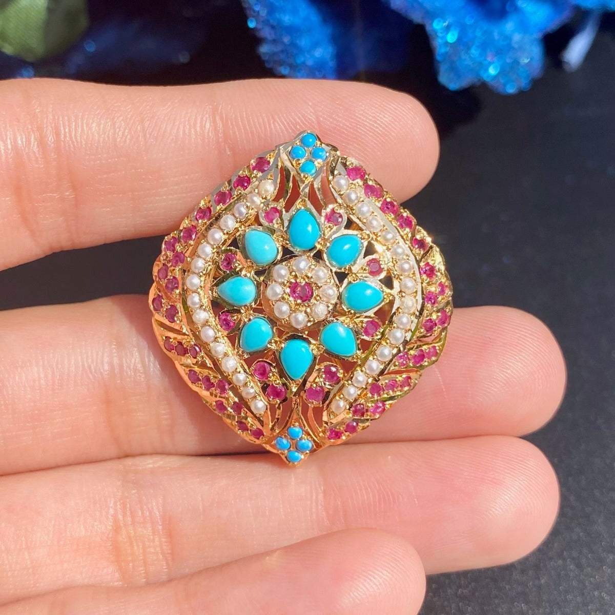 traditional indian gold cocktail ring ruby turquoise